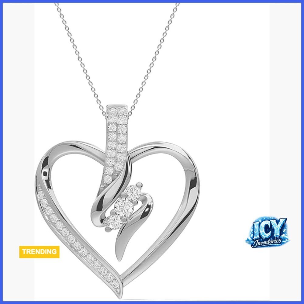 3 Stone Heart Pendant Necklace 925 Sterling Silver 14K Gold Plated